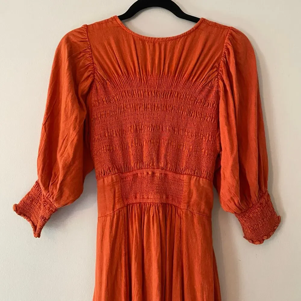Free People Red Orange String of Hearts Button Down Puff Sleeve Maxi Dress Small
